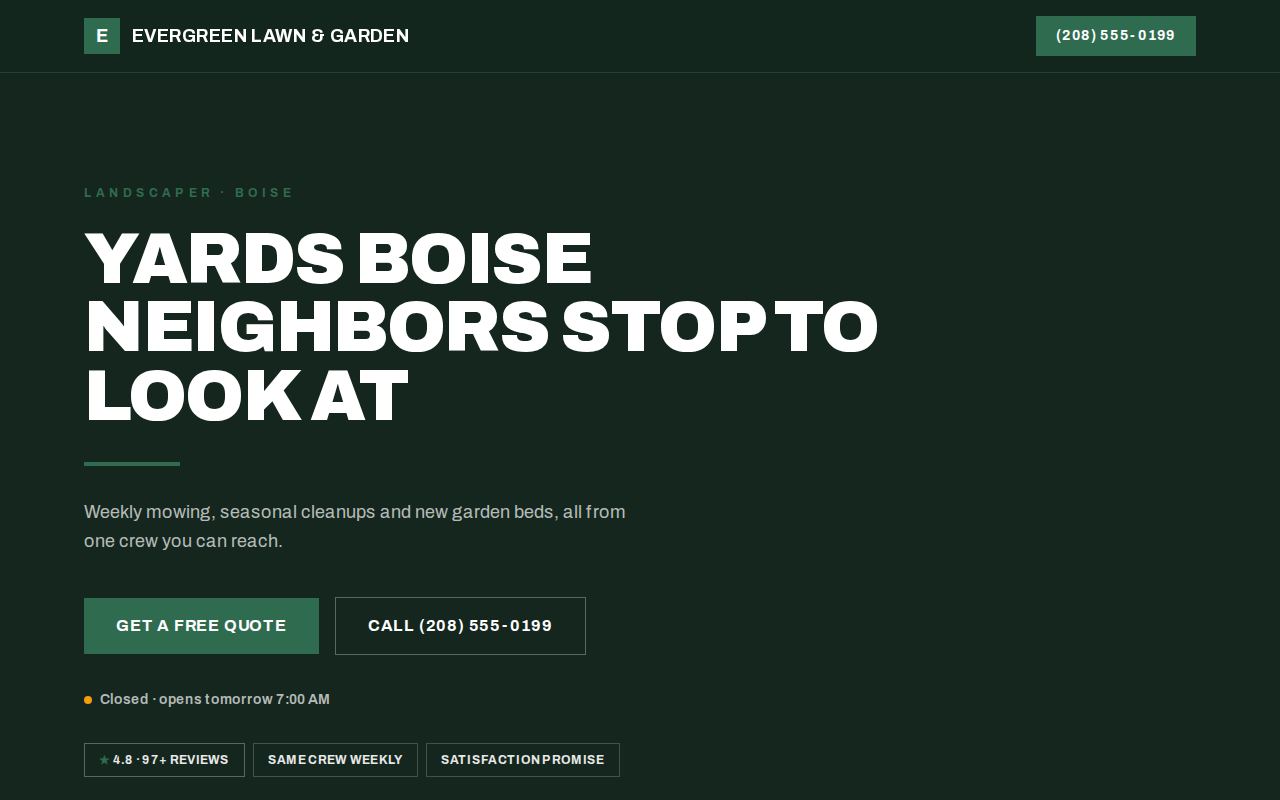 Bold style, shown on a sample site for Evergreen Lawn & Garden