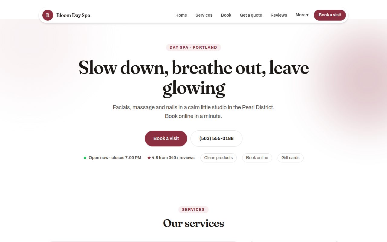 Fresh style, shown on a sample site for Bloom Day Spa